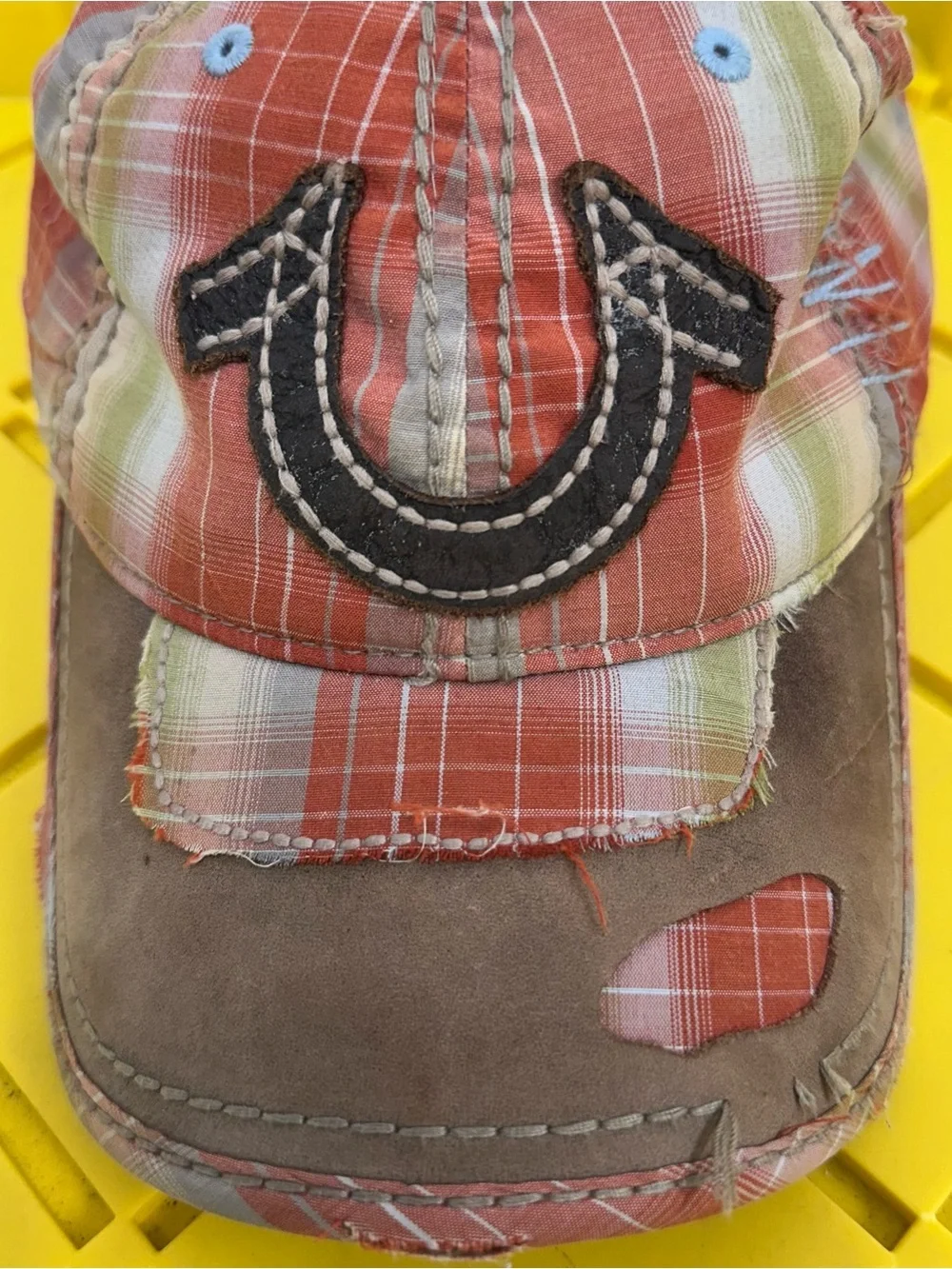 Vintage True Religion Hat Mens Leather Strapback Brown Red Plaid Distressed Y2K